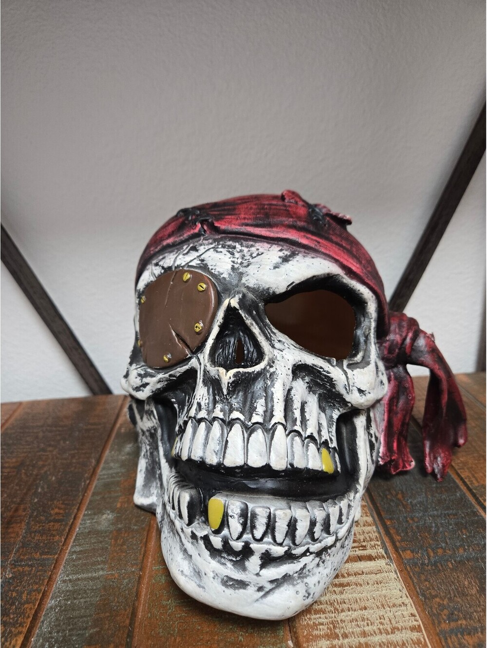 Vintage Pirate Skull Mask Latex Halloween Costume Prop Red Bandana Eyepatch Gold